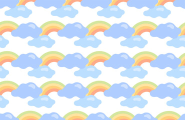 Seamless drawing of rainbows and clouds in pastel colors. Cute children graphics. Vector drawing. Cute texture for nursery wallpaper, book covers, prints on clothes.