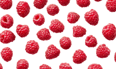 Seamless pattern of fresh ripe raspberries isolated on a transparent background. Vibrant red berry texture, perfect for food packaging, branding, menus, textile design, and digital projects.