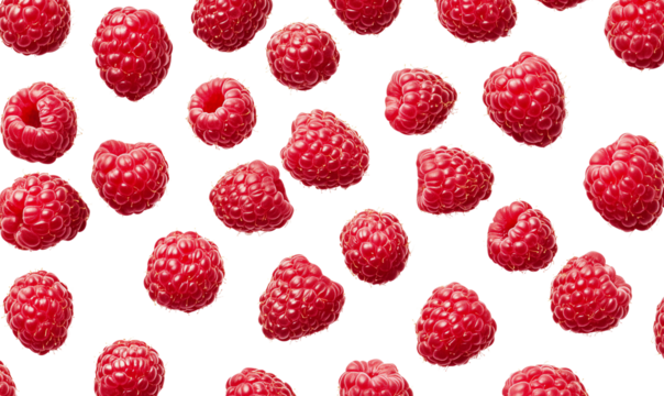 Seamless pattern of fresh ripe raspberries isolated on a transparent background. Vibrant red berry texture, perfect for food packaging, branding, menus, textile design, and digital projects. - Powered by Adobe