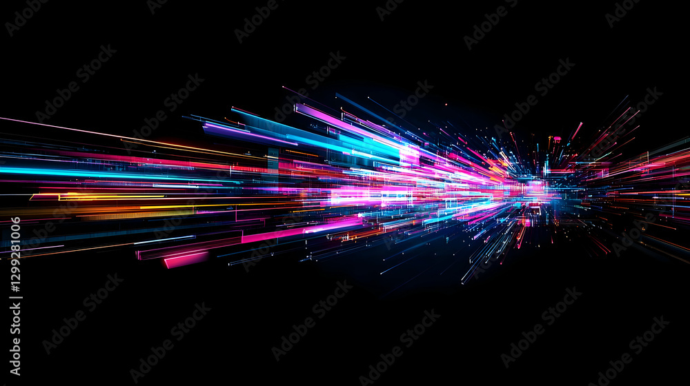 Poster abstract digital light trails against black background displaying high speed data transmission