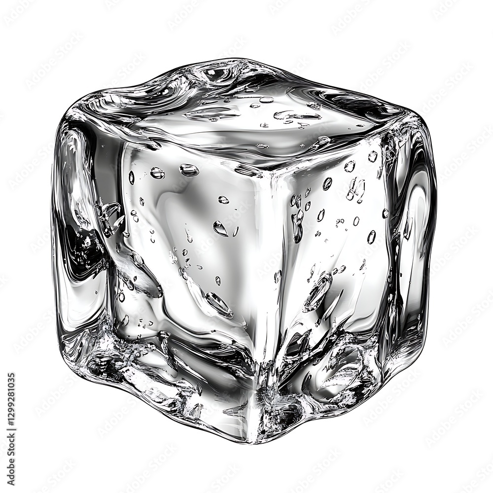 Poster close-up of a detailed ice cube, showcasing its brilliant texture and transparency, ideal for cold a