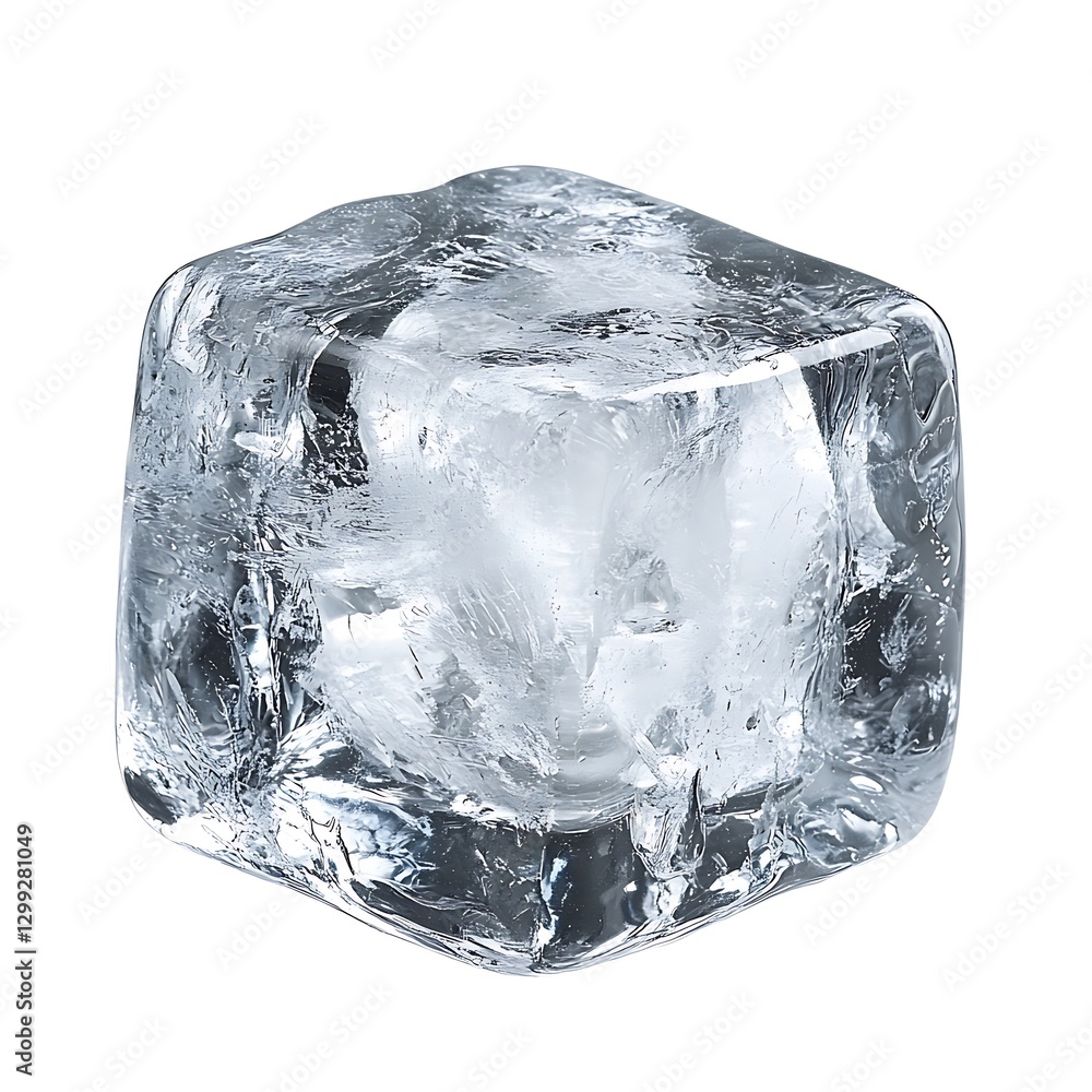 Poster close-up of a detailed ice cube, showcasing its brilliant texture and transparency, ideal for cold a