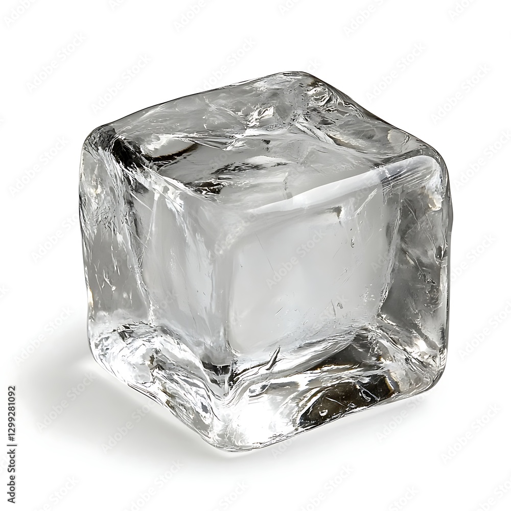 Poster close-up of a detailed ice cube, showcasing its brilliant texture and transparency, ideal for cold a