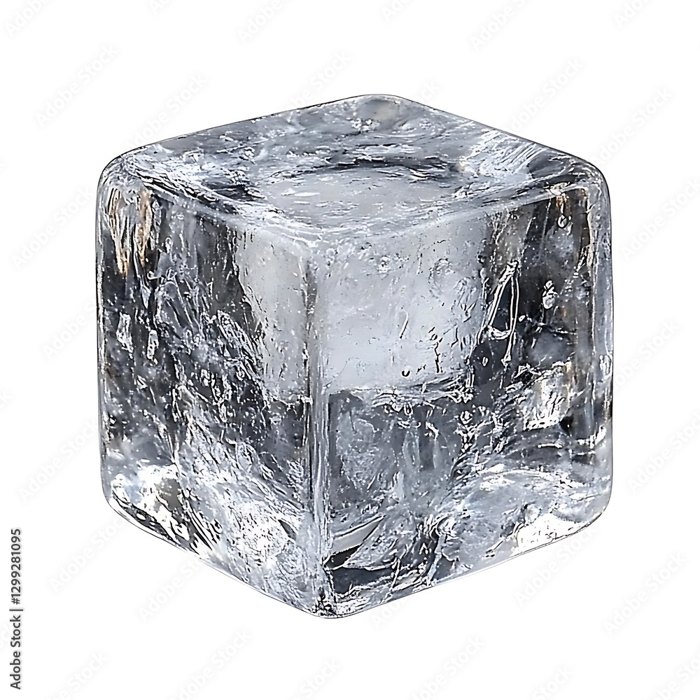 Poster close-up of a detailed ice cube, showcasing its brilliant texture and transparency, ideal for cold a