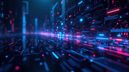 Fototapeta premium Abstract digital space with futuristic technology theme showcasing data flow and connectivity indicative of CI/CD pipelines, Docker containers, Kubernetes clusters, and DevOps practices.
