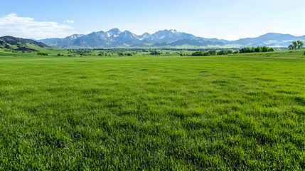 Fototapeta premium Green meadow, mountain range backdrop, sunny day, landscape