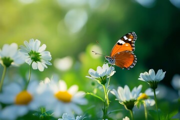 Fototapeta premium Vibrant butterfly on white daisies in lush green garden with sunlight