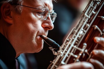Mature caucasian male playing bassoon with focus and passion in close-up
