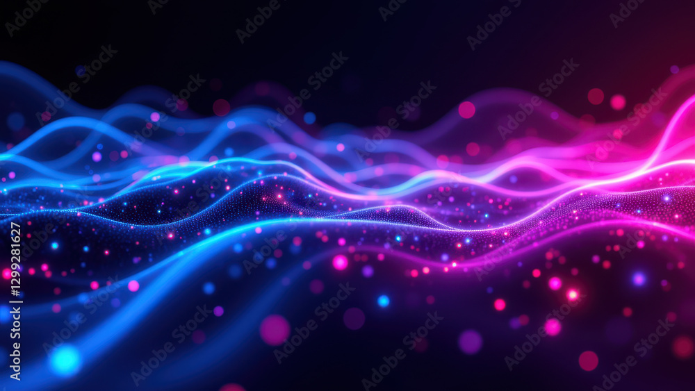 Poster neon ci/cd concept with flowing lines and glowing orbs, representing digital transformation in techn