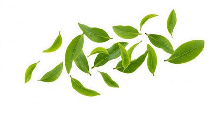 Naklejka premium Green Tea Leaves Falling Isolated on White Background High Resolution