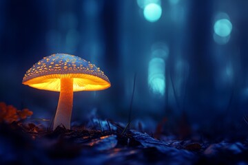 Illuminated mushroom in enchanted forest at night