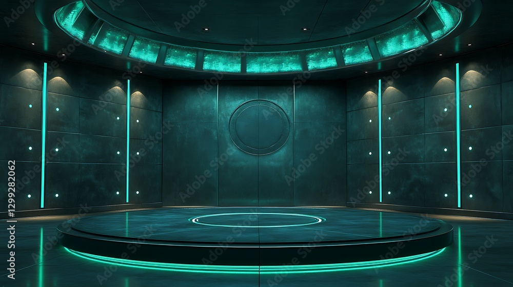 Poster futuristic podium stage design with dynamic lighting and modern architecture, ideal for technology a