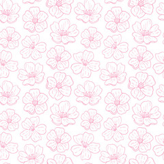 Seamless pattern with pink cherry blossoms, contour ornament, delicate Japanese-style pattern. For clothes, textiles, wallpaper. Vector background