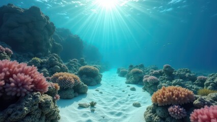 Obraz premium Sunlight illuminating an underwater coral reef with bleaching effects and clear sandy floor 