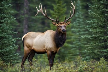 Obraz premium Majestic elk standing in forest with dense green foliage and large antlers