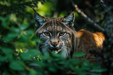 Obraz premium Eurasian lynx in forest habitat with intense gaze and lush greenery