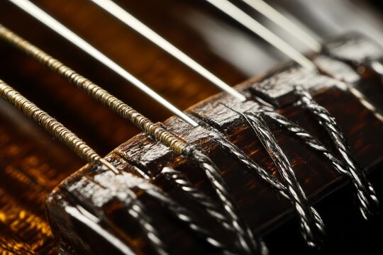 Close-up of classical guitar strings and bridge in detail