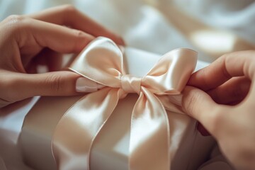 Close-up of hands tying a bow on an elegant gift box with satin ribbon