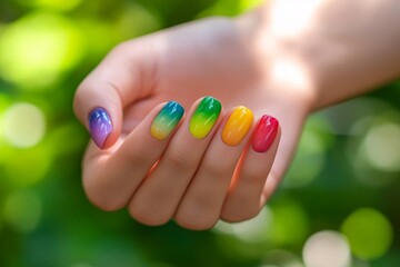 Naklejka premium Colorful gradient manicure on female hand with nature background