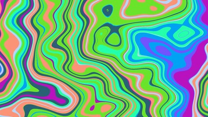 Vibrant abstract wave pattern with neon green, blue, pink, orange. Psychedelic style, retro design, fluid shapes. Modern advertising, abstract background, groovy visual.