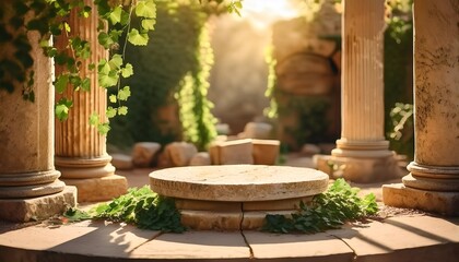 Fototapeta premium Weathered travertine pedestal for product placement and advertisement standing in the midst of ancient ruins, surrounded by overgrown greenery and soft golden light