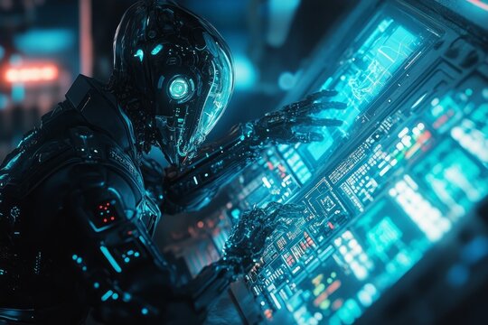 cybernetic alien race observing Earth while working on a gleaming, complexly designed control panel