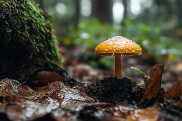 Vibrant yellow mushroom in forest underbrush with dew