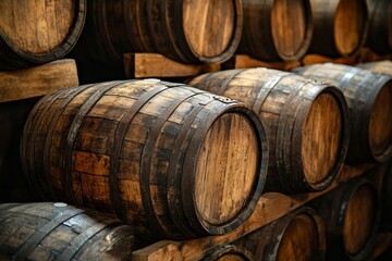 Rustic wooden barrels in a traditional cellar for aging wine or whiskey