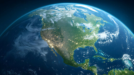 Fototapeta premium Detailed View Of Planet Earth With City Lights At Night In Space Showing North America Continent