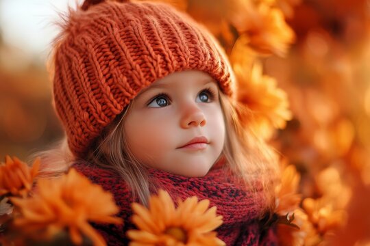 Young caucasian girl in autumn attire surrounded by orange flowers