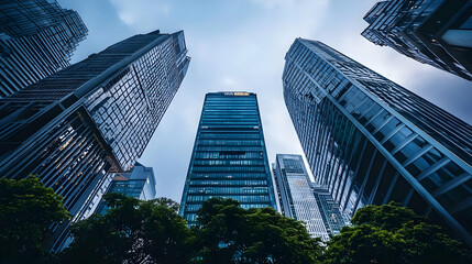 Obraz premium Low Angle View of Modern Glass Skyscrapers with Trees against Blue Sky in Daylight