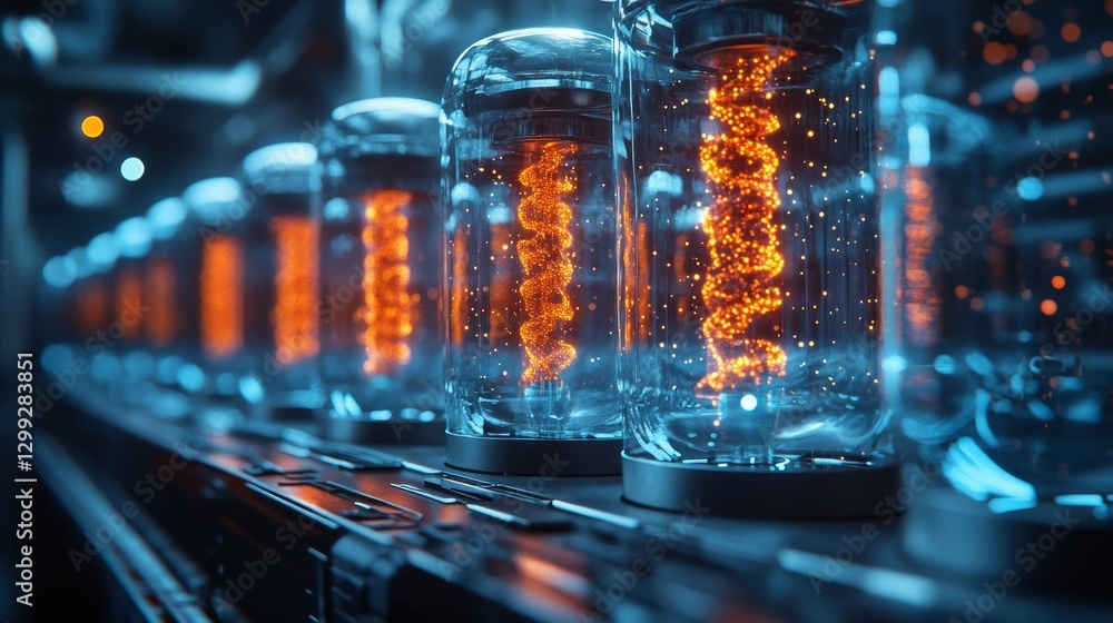 Poster glowing filament tubes: a futuristic display of energy and innovation in a sci-fi setting with a foc