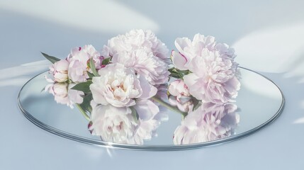 A delicate arrangement of white pink peony flowers with soft, velvety petals, elegantly placed on a reflective mirror surface.