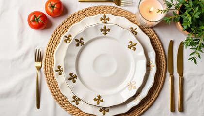 Elegant dining table setting with fleur-de-lis plates, sophisticated ambiance