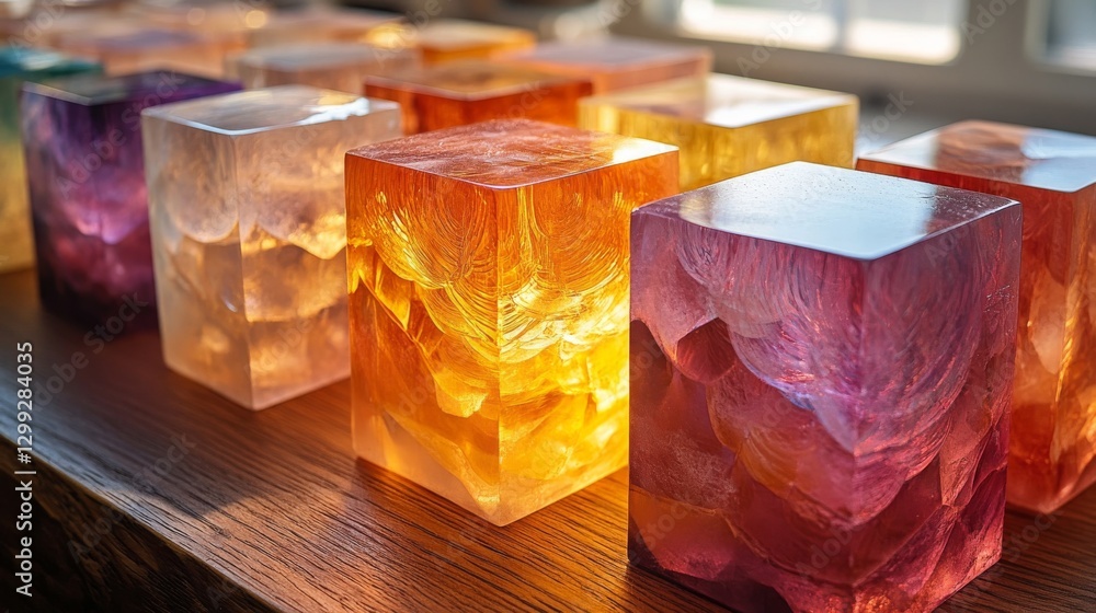 Poster glowing resin cubes: a spectrum of colors and textures illuminating a wooden surface with an abstrac