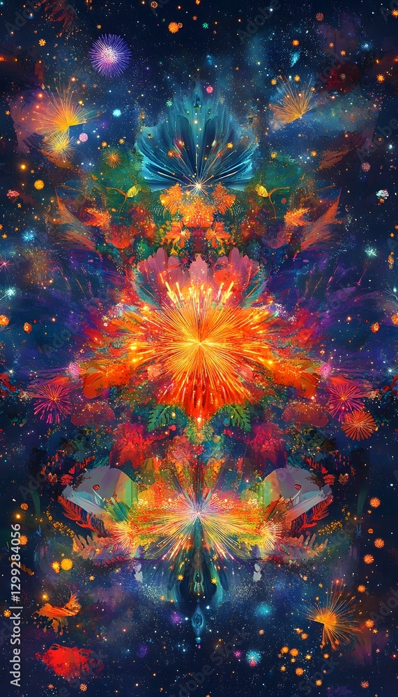 Poster abstract artistic digital image showing vibrant explosion of light and color