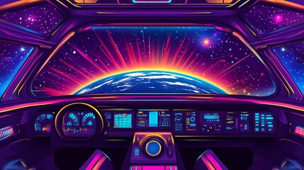 Astronaut inside a spaceship cabin watching the vast cosmos through a window