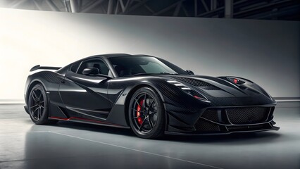 Sleek black sports car in industrial setting. Created with Ai