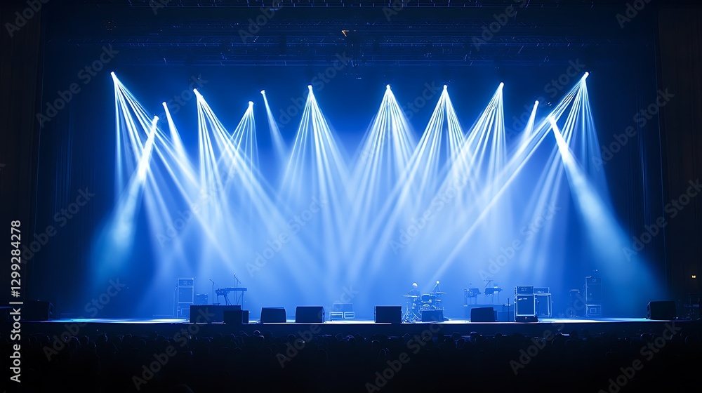 Poster professional large-scale concert stage rigging with dynamic lighting and sound equipment setup