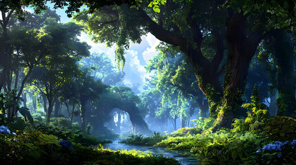 Fototapeta premium Lush Green Forest Landscape with Sunlight Streaming Through a Dense Canopy and Winding River