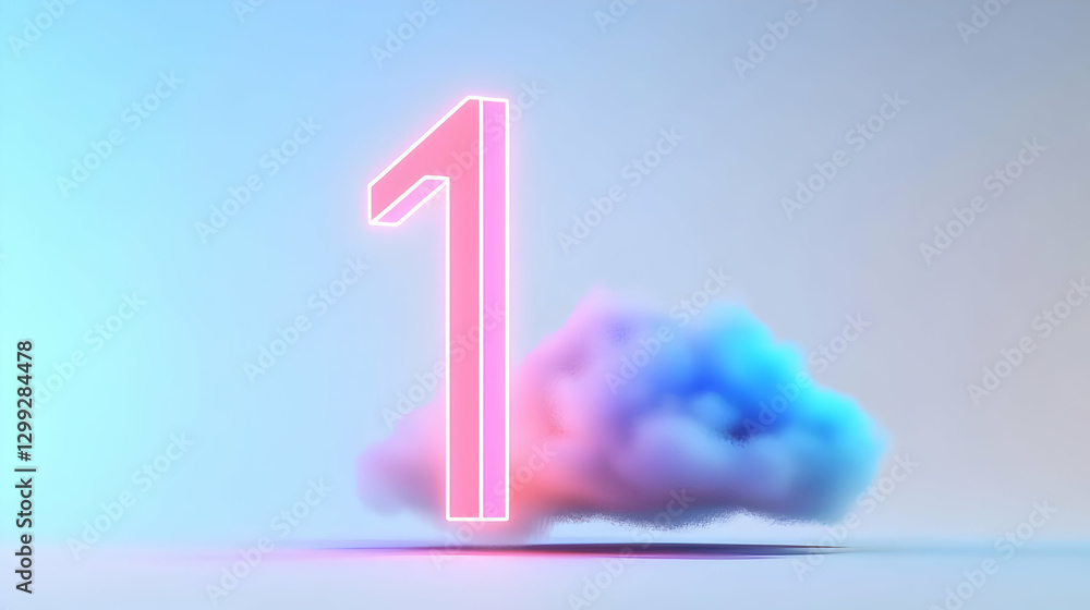 Aufkleber neon pink number one floating above a colorful cloud in a gradient white background