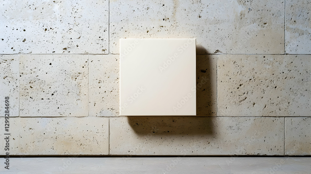 Poster abstract square displayed on rough concrete wall with textured surface and minimal lighting