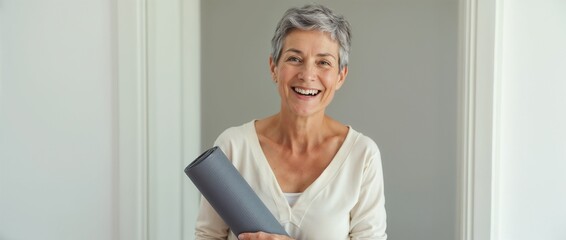 Joyful mature woman smiling while holding a rolled yoga mat indoors, conveying fitness, calmness, and vitality.

