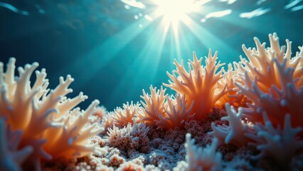 Obraz premium Close-up of coral polyps affected by bleaching under sunlight in a marine ecosystem 