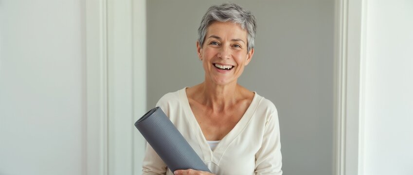 Joyful mature woman smiling while holding a rolled yoga mat indoors, conveying fitness, calmness, and vitality.

 - Powered by Adobe