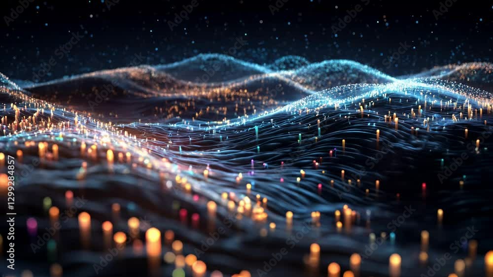 Poster abstract digital landscape with glowing particles resembling a futuristic data network. dynamic, flo