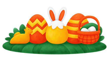 Cartoon Easter Eggs Bunny Chick Basket Spring Illustration