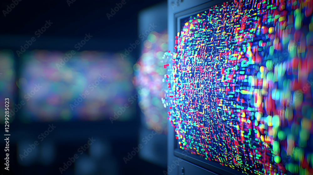Poster abstract digital data visualization with colorful pixels and server racks in dark environment