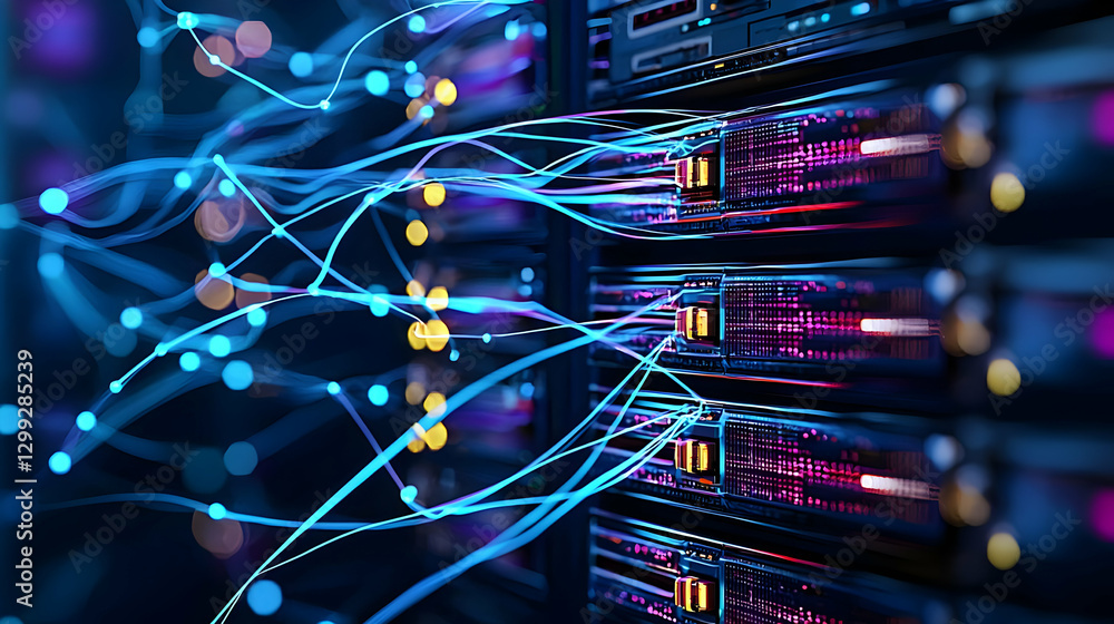 Poster server racks with illuminated data cables in a futuristic digital network