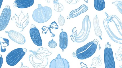 Delicate Blue Vegetable Illustrations: A Seamless Pattern Design